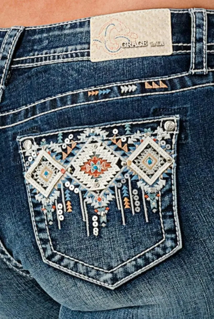 Grace in LA Women's Aztec Embroidery Embellished Bootcut Stretch Jeans